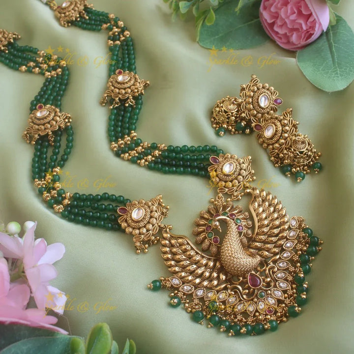Stunning Peacock carved pendant haram with multi layer gold and green beads chain and stones - Sparkle and Glow