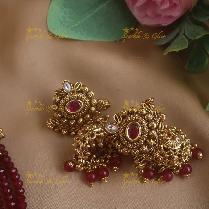 Stunning Peacock carved pendant haram with multi layer gold and maroon beads chain and stones - Sparkle and Glow