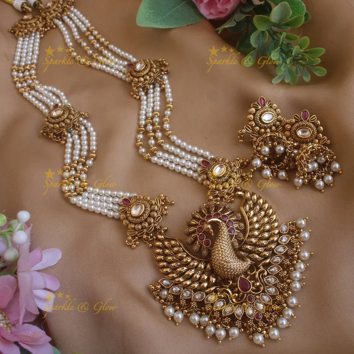 Stunning Peacock carved pendant haram with multi layer gold and pearl beads chain and stones - Sparkle and Glow