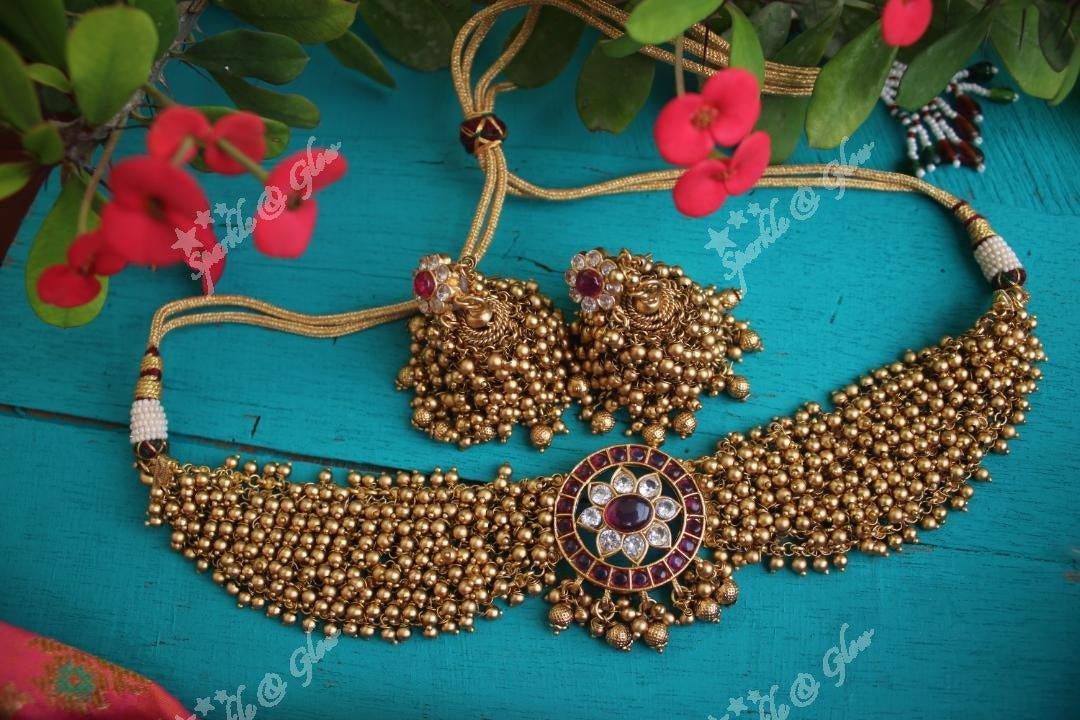 Elegant Gold high neck choker with kemp stones pendent -Green White - Sparkle and Glow