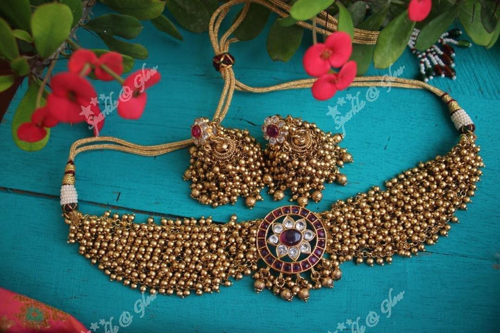 Elegant Gold high neck choker with kemp stones pendent -Green White - Sparkle and Glow