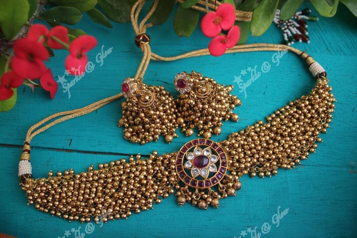Elegant Gold high neck choker with kemp stones pendent -Green White - Sparkle and Glow