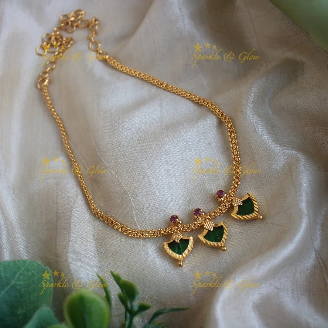 Beautiful Leaf green palakka and kerala style short necklace with ruby stones - Sparkle and Glow