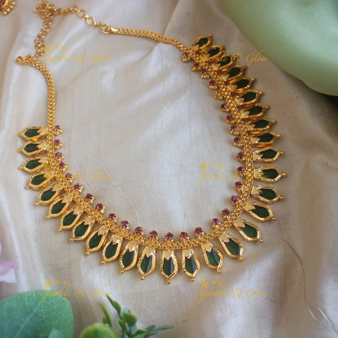 Statement spike green palakka kerala style short necklace with ruby stones - Sparkle and Glow