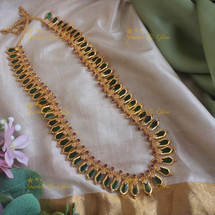 Stunning spike green palakka kerala style long necklace with ruby stones and gold beads - Sparkle and Glow - Back Thread - 