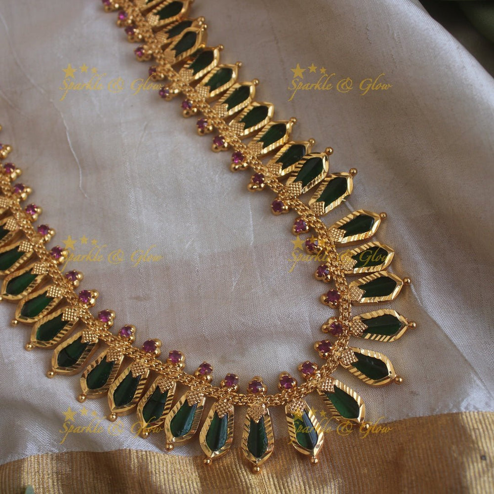 Stunning spike green palakka kerala style long necklace with ruby stones and gold beads - Sparkle and Glow - Back Thread - 