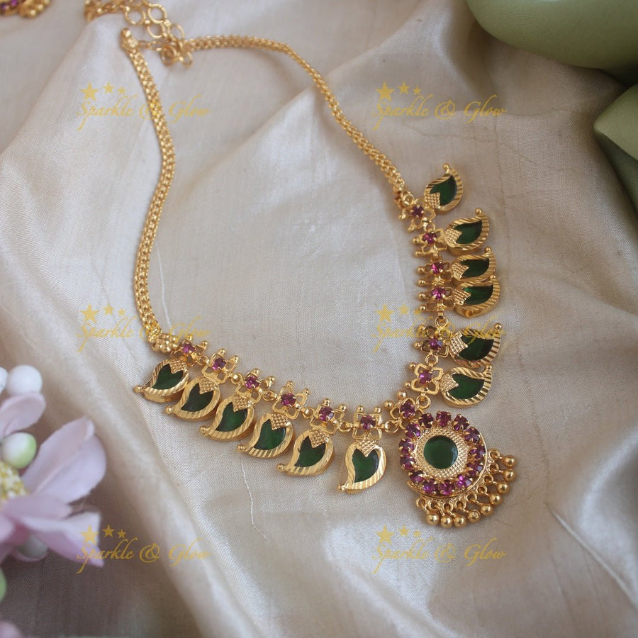 Beautiful Mango green palakka and stone pendant kerala style short necklace with ruby and gold beads - Sparkle and Glow - Back Thread - 
