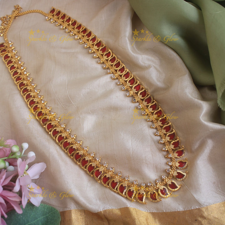 Gorgeous Mango palakka kerala style long necklace with ruby stones and gold beads - 60 palakkas - red