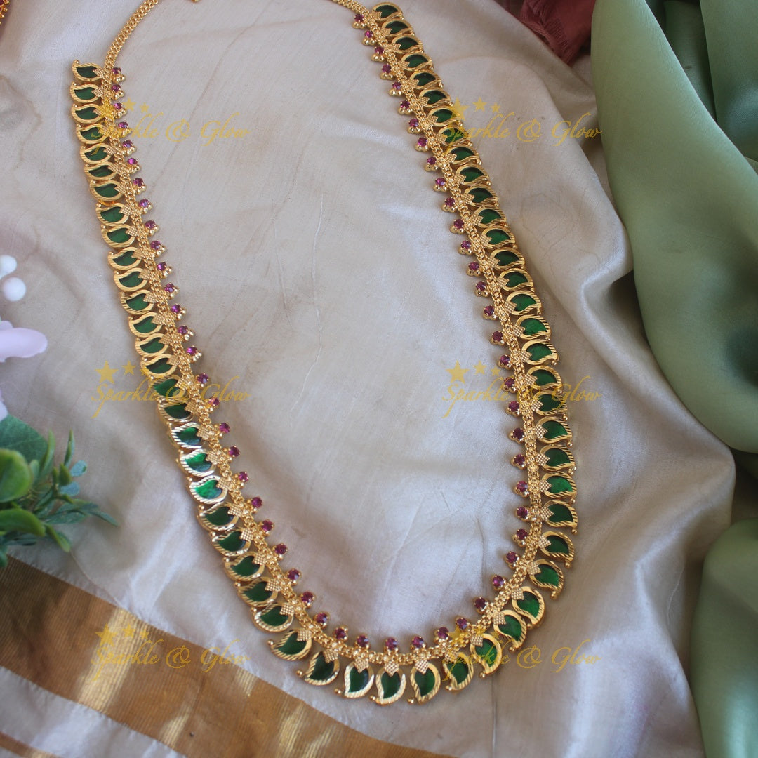 Gorgeous Mango palakka kerala style long necklace with ruby stones and gold beads - 60 palakkas - red