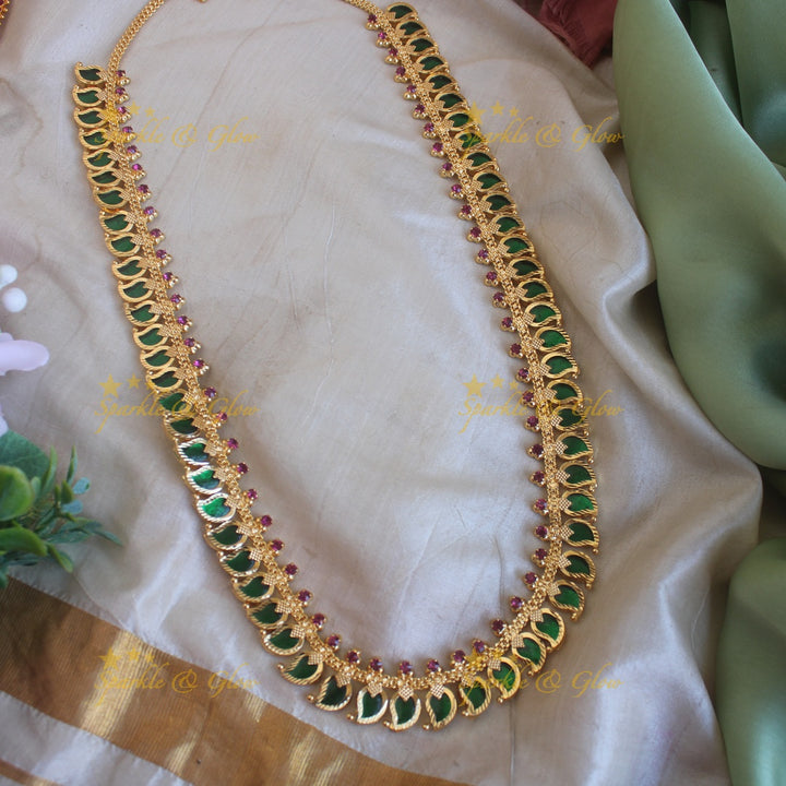 Gorgeous Mango palakka kerala style long necklace with ruby stones and gold beads - 60 palakkas - red