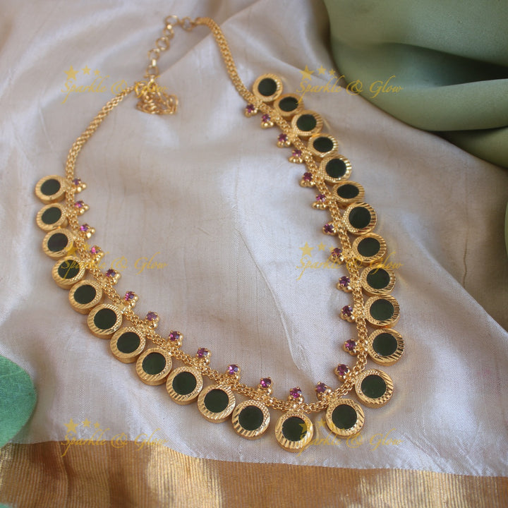 Stunning Circle shape palakka kerala style short necklace with stones - 25 palakkas - green