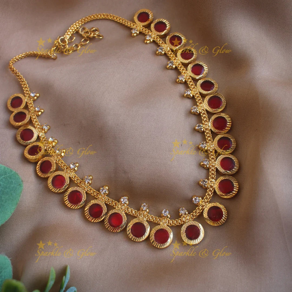 Stunning Circle shape palakka kerala style short necklace with stones - 25 palakkas - green - Sparkle and Glow