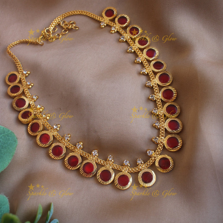 Stunning Circle shape palakka kerala style short necklace with stones - 25 palakkas - green