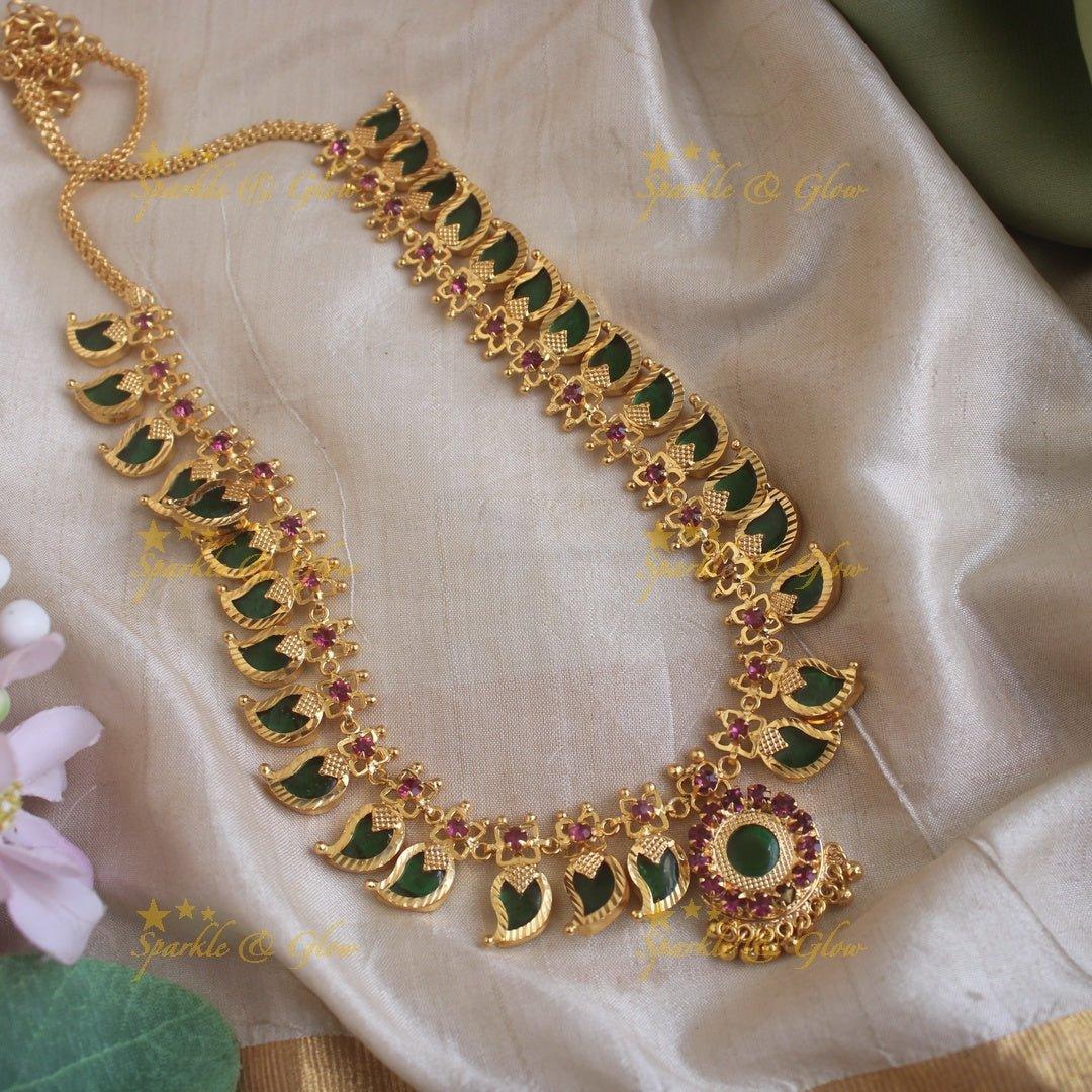 Beautiful Mango green palakka stone pendant kerala style long necklace with ruby and gold beads - Sparkle and Glow