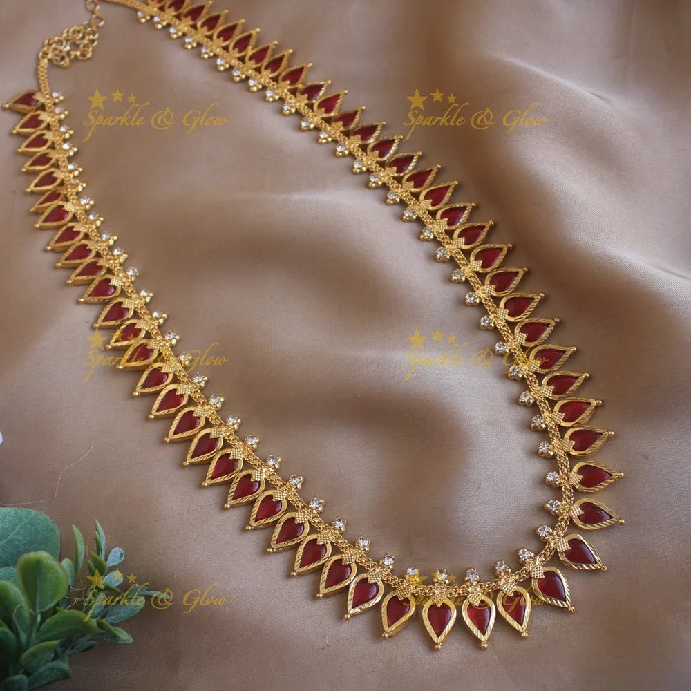 Gorgeous Spike palakka kerala style long necklace with ruby stones and gold beads - Sparkle and Glow