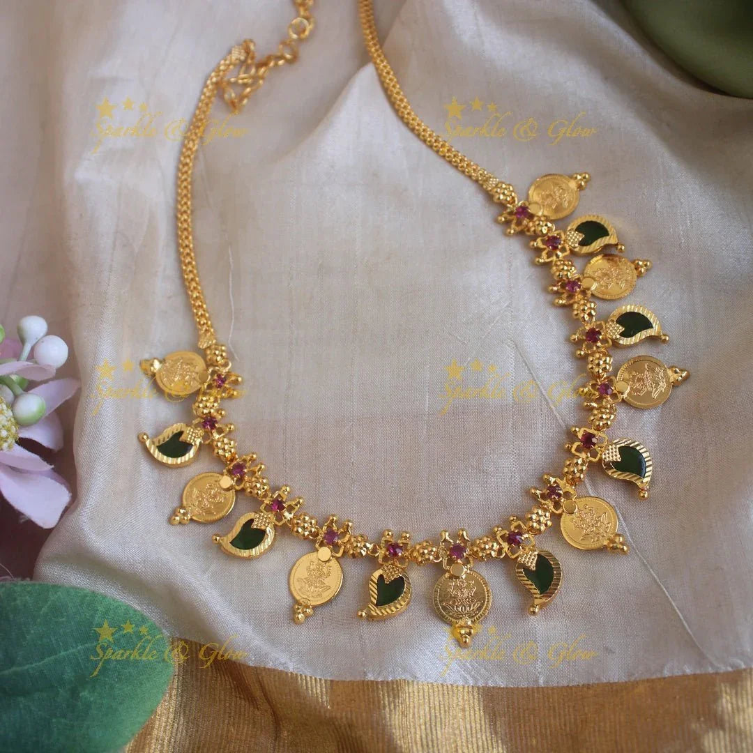 Beautiful Lakshmi coin and Mango green palakka kerala style short necklace with ruby - Sparkle and Glow