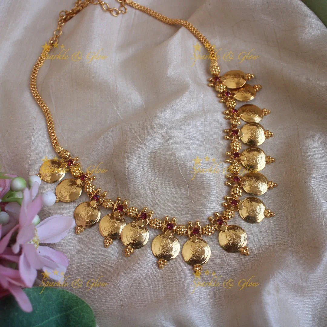 Elegant Lakshmi coin matt finish kerala style short necklace with ruby - Sparkle and Glow