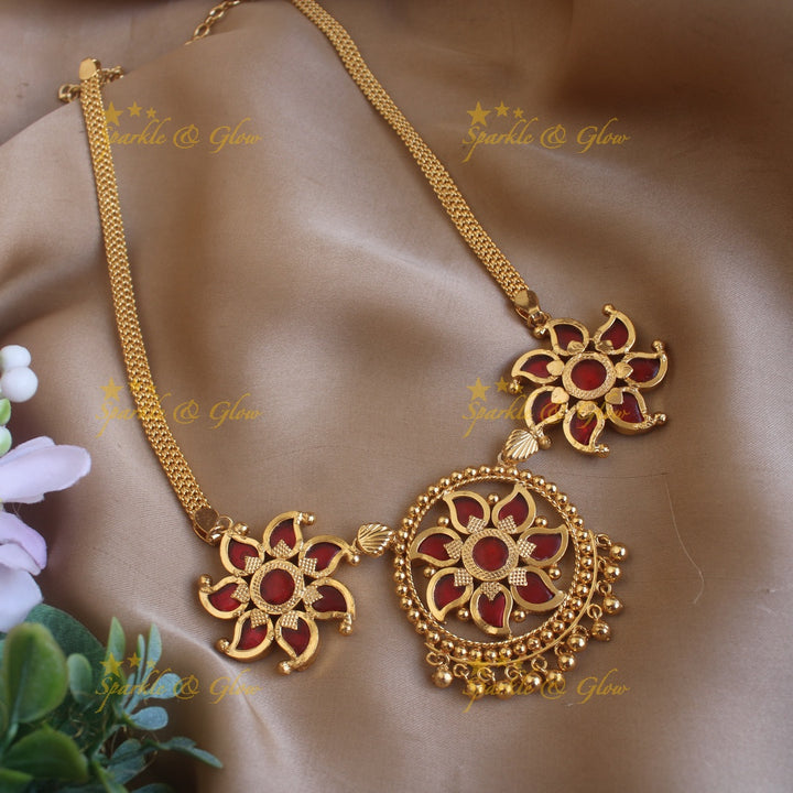 Statement Floral palakka kerala style short necklace with gold beads - green