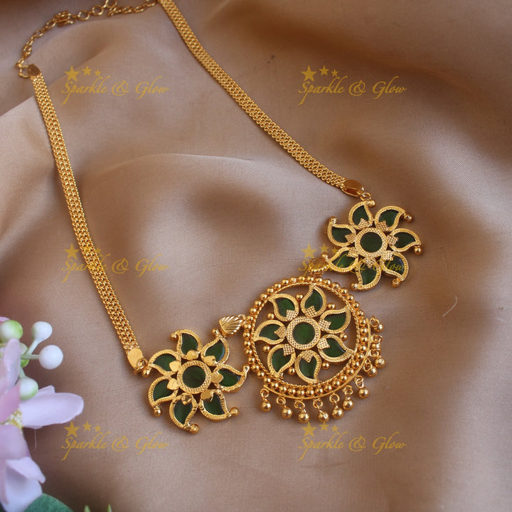 Statement Floral palakka kerala style short necklace with gold beads - green