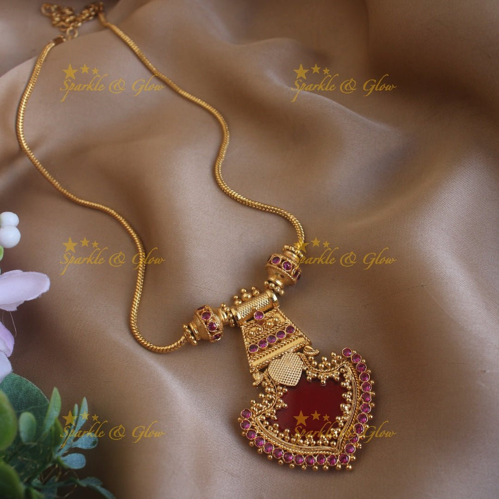 Stunning Leaf design palakka pendant with chain with ruby stones - blue - Sparkle and Glow - Red - Back Thread