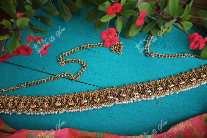 Premium quality gold alike polished lakshmi hip chain with gutta pusalu