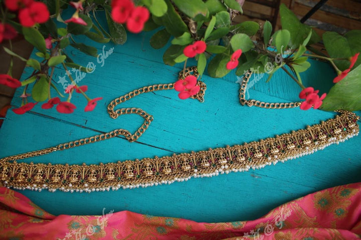 Premium quality gold alike polished lakshmi hip chain with gutta pusalu