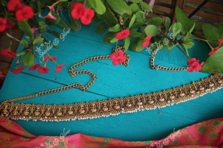 Premium quality gold alike polished lakshmi hip chain with gutta pusalu