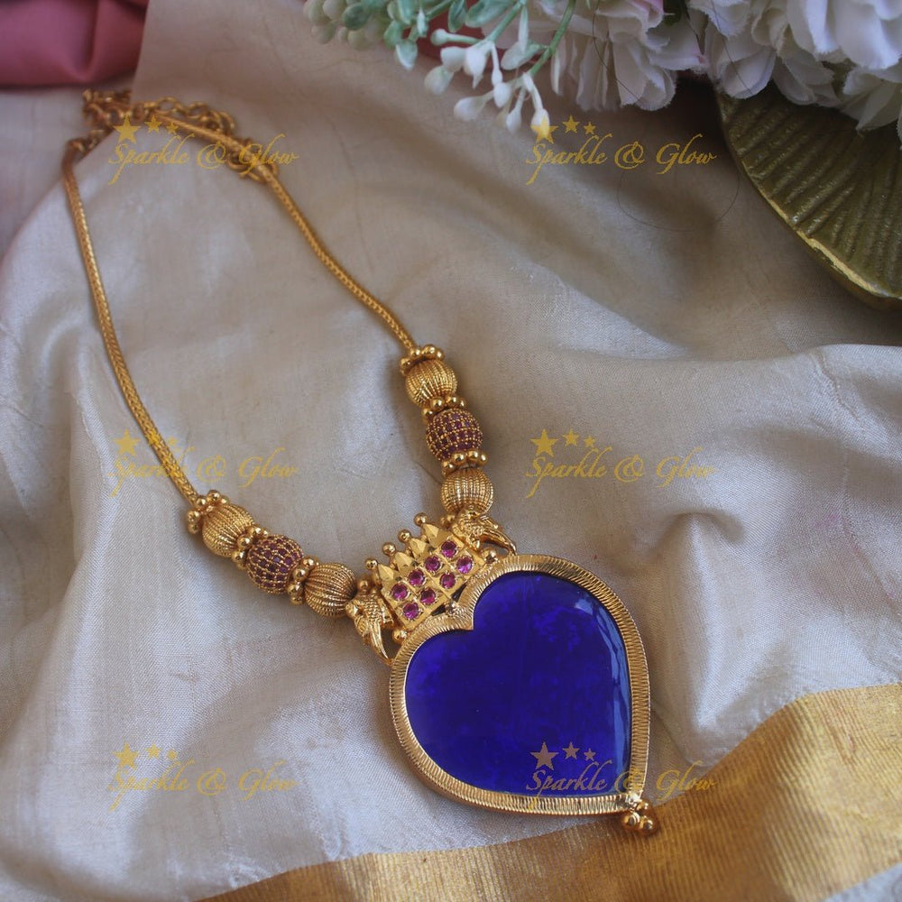 Beautiful Elephant carved and heart shape palakka pendant with chain with ruby stones - blue - Sparkle and Glow - Blue - Back Thread