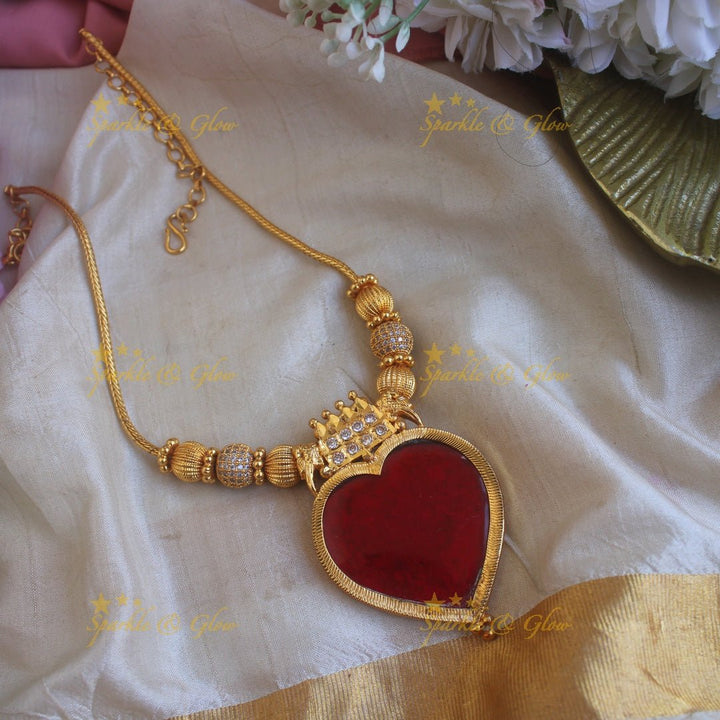 Beautiful Elephant carved and heart shape palakka pendant with chain with ruby stones - blue - Sparkle and Glow - Red - Back Thread