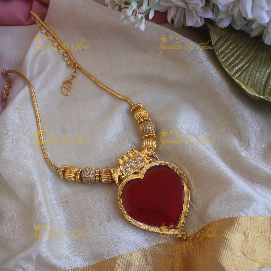 Beautiful Elephant carved and heart shape palakka pendant with chain with ruby stones - blue - Sparkle and Glow - Red - Back Thread