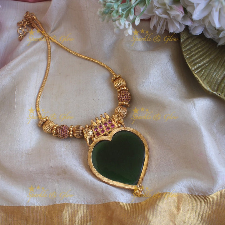 Beautiful Elephant carved and heart shape palakka pendant with chain with ruby stones - blue - Sparkle and Glow - Green - Back Thread
