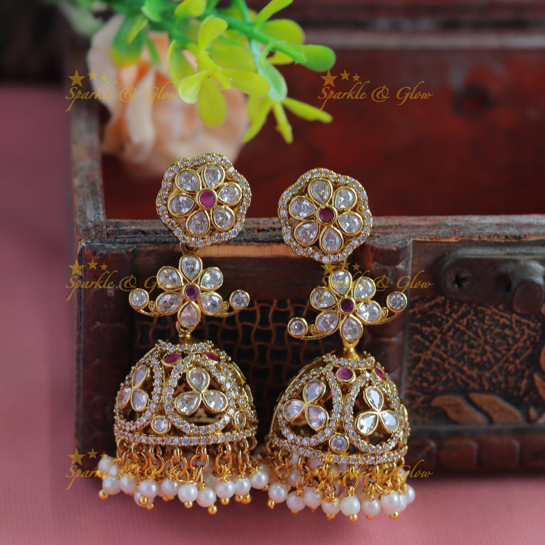 Sparkling Dual Tone Floral Leaf design jhumukas with pearls