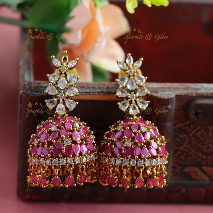 Gracious Dual Tone Floral Studded American Diamond jhumukas-Ruby