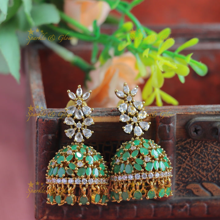Gracious Dual Tone Floral Studded American Diamond jhumukas-Ruby