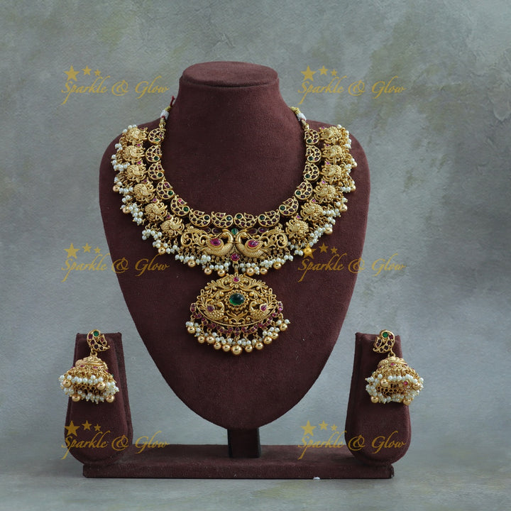 Stunning Peacock carved gutta pusalu short necklace with ruby emerald and gold beads