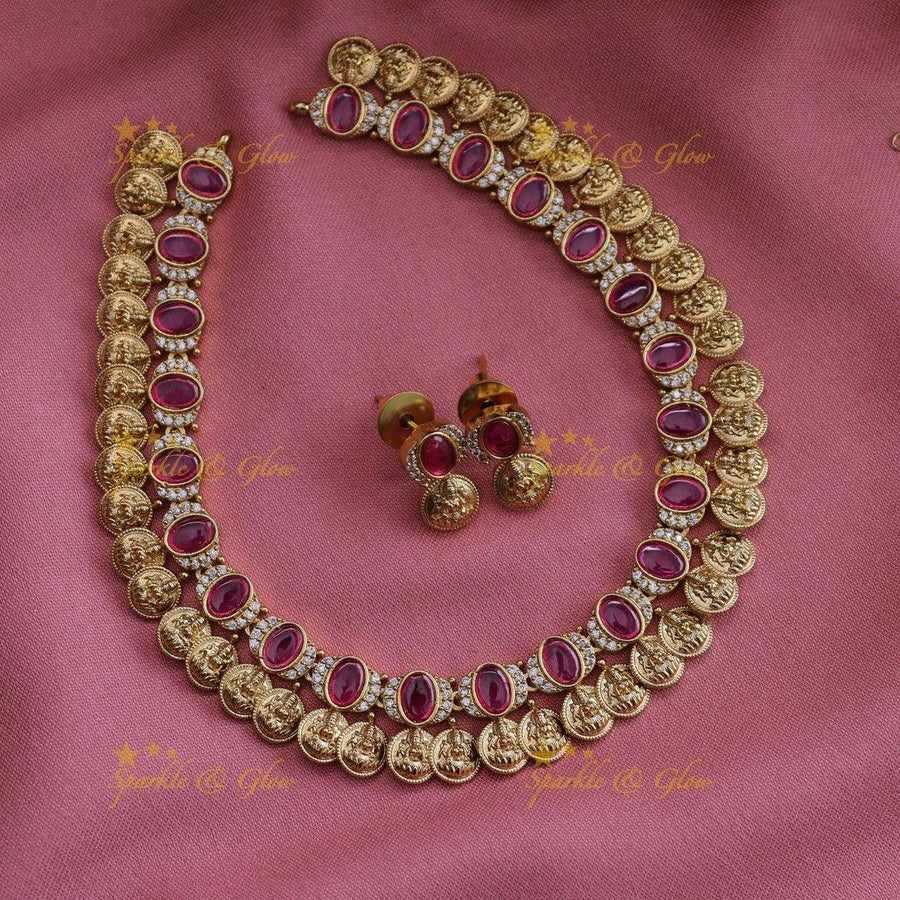 Elegant Lakshmi coin short necklace with ruby and CZ stones - red - Sparkle and Glow