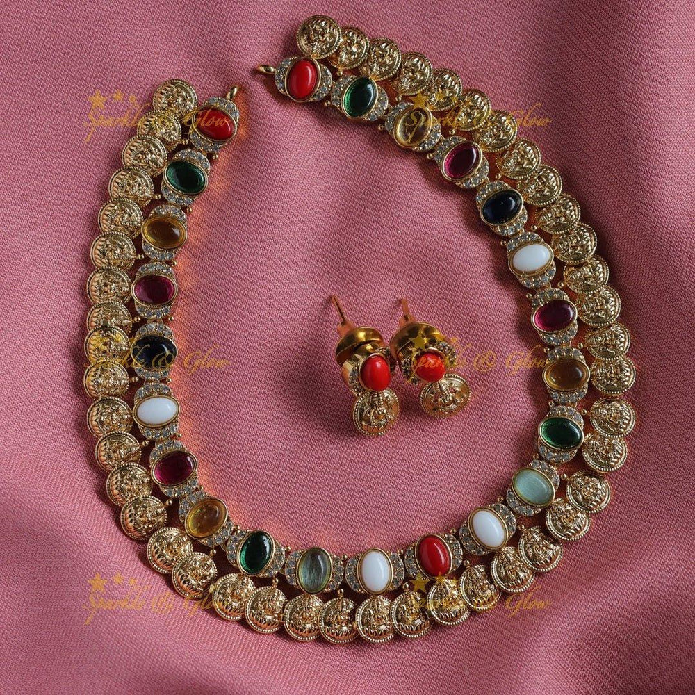 Elegant Lakshmi coin short necklace with ruby and CZ stones - red - Sparkle and Glow