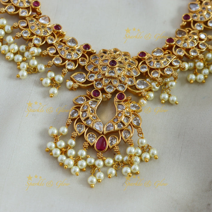 Elegant Floral peacock design gutta pusalu short necklace with ruby and white stones