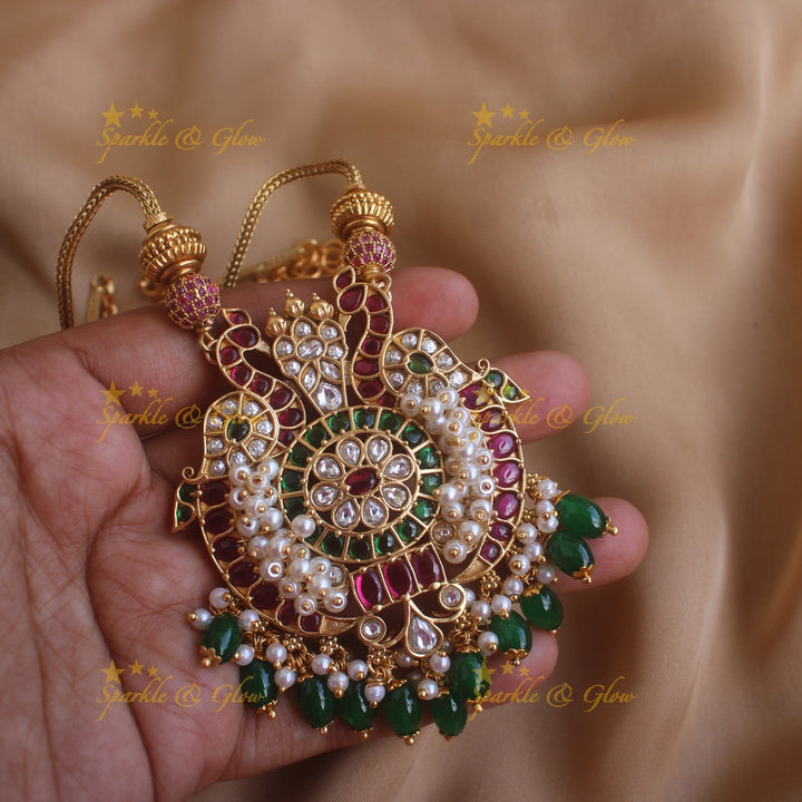 Sparkling Peacock mango pendant short necklace with green beads