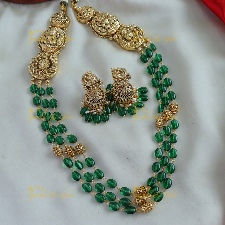 Stunning Lakshmi peacock carved haram with multi layer green beads