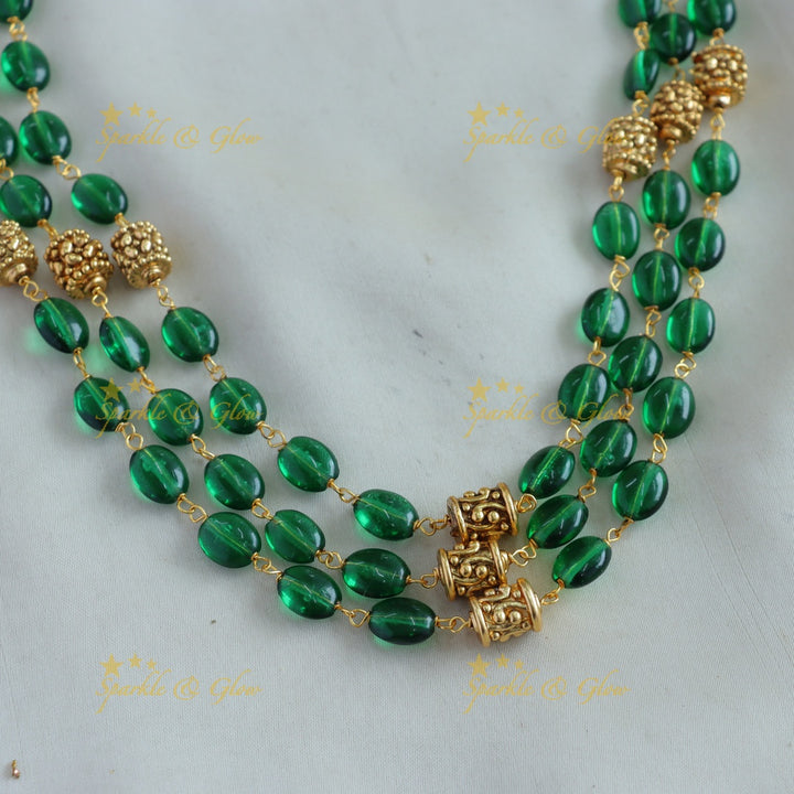 Stunning Lakshmi peacock carved haram with multi layer green beads