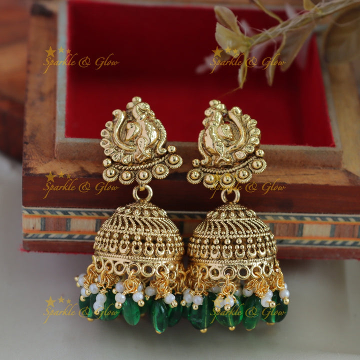 Stunning Lakshmi peacock carved haram with multi layer green beads