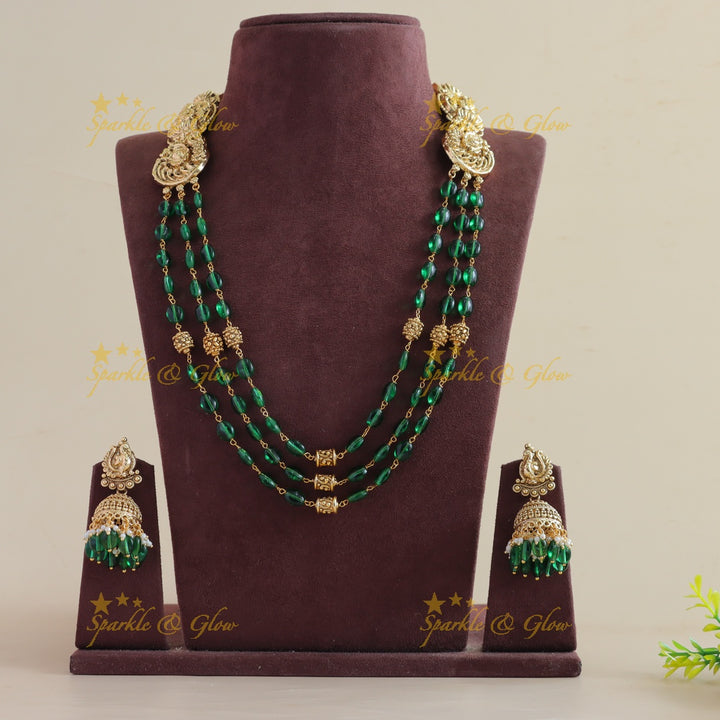 Stunning Lakshmi peacock carved haram with multi layer green beads