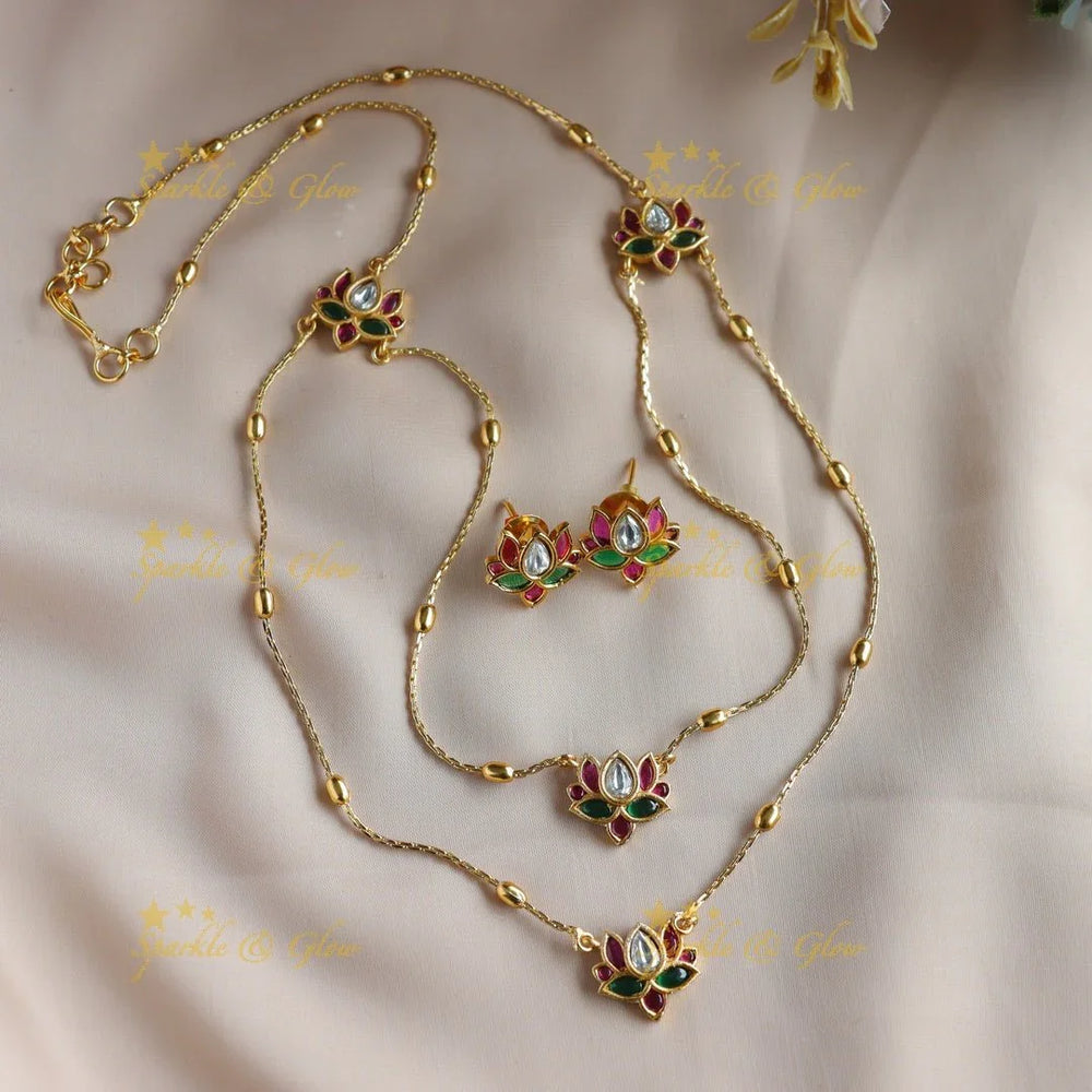 Elegant Lotus design two layer short necklace with multi colour stones - multi - Sparkle and Glow