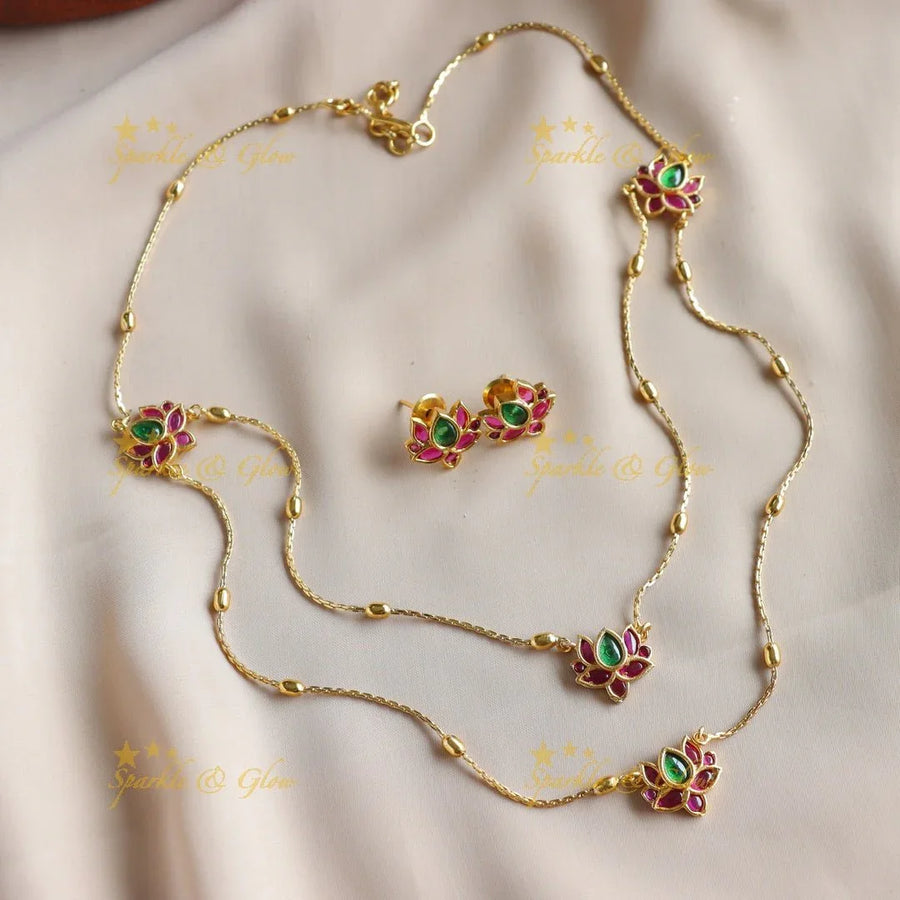 Elegant Lotus design two layer short necklace with multi colour stones - multi - Sparkle and Glow