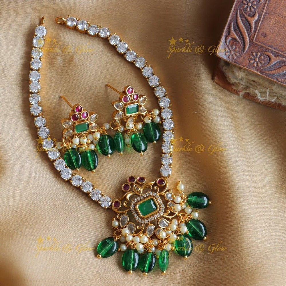 Beautiful Floral pendant white stone short necklace with ruby emerald and gold beads - multi gold - Sparkle and Glow