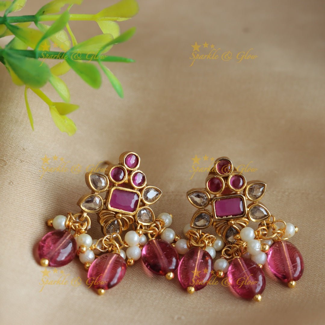 Beautiful Floral pendant white stone short necklace with ruby emerald and gold beads - multi gold - Sparkle and Glow - Pink - Back Thread