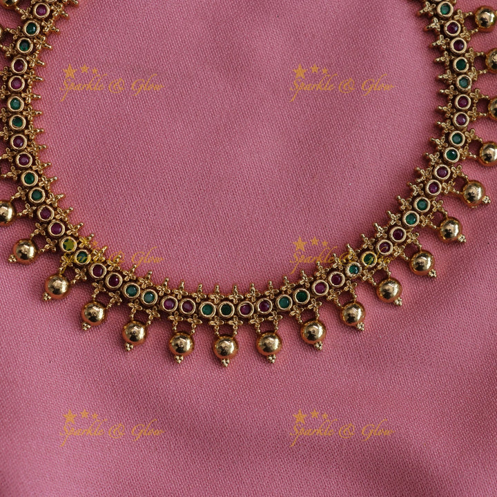 Gold alike peacock carved gold beads short necklace with ruby and emerald stones