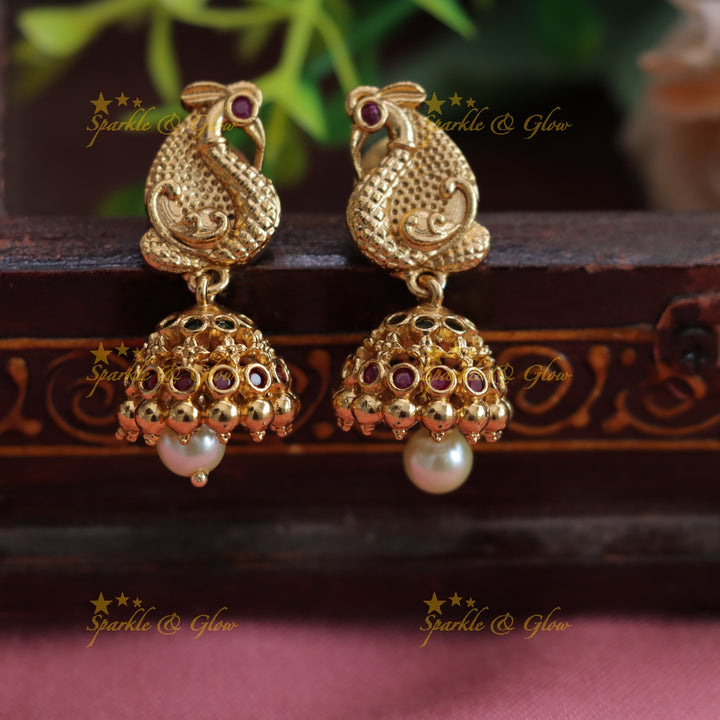 Gold alike peacock carved gold beads short necklace with ruby and emerald stones
