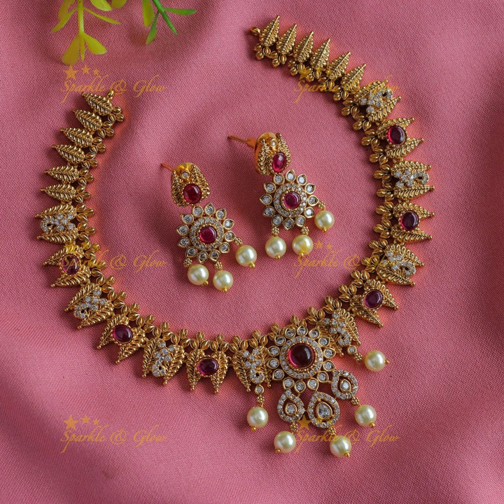 Statement Floral and leaf design short necklace with ruby CZ stones and pearl drops - pink - Sparkle and Glow - Pink - Back Thread